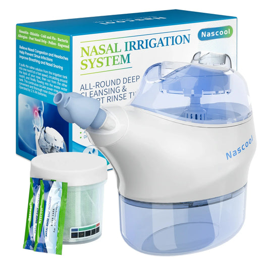 Electric nasal irrigation system with SaltPods for sinus care and congestion relief.