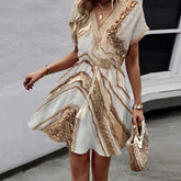 Printed Bat Sleeves Lace V-Neck Dress - Swefashionstore