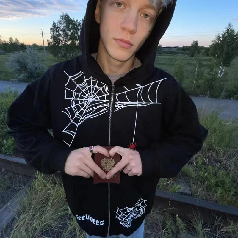 Zzsykd Rhinestone Full-Zip Hoodie Skeleton Goth Sweatshirt