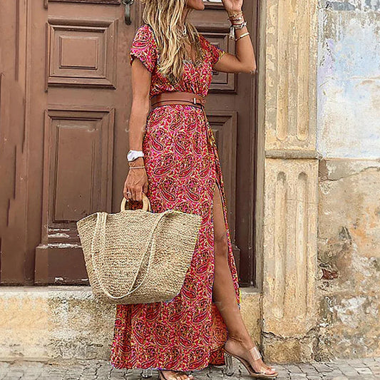 Ankle-length bohemian style summer dress for women with paisley print and V-neck.