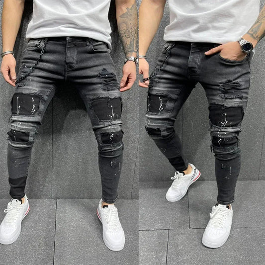 NEW Men Stretchy Ripped Skinny Elastic Jeans