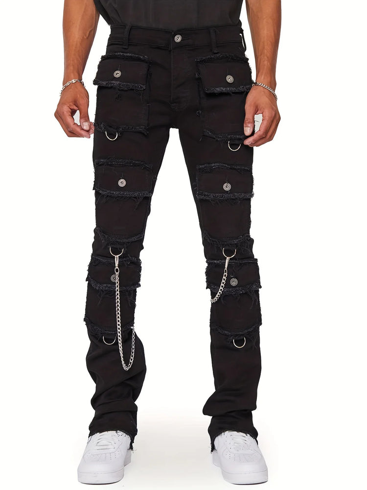 STRAIGHT Pants Mid Waist Denim PATCHWORK Zipper Fly Cargo Jeans - Swefashionstore