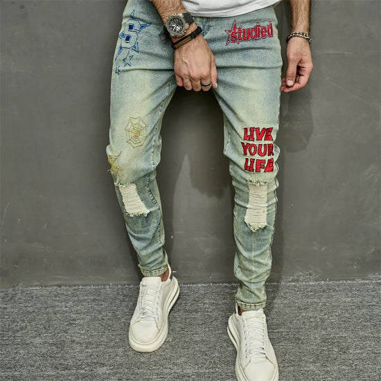 VINTAGE Stylish Embroidery RIPPED Hip hop Slim PENCIL Jeans - Swefashionstore