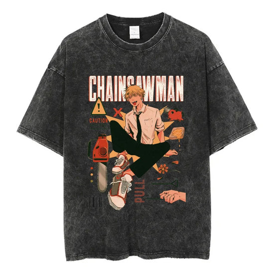 Short Sleeved Round Neck Y2k Tshirt Men New Top & Tees Mens T-Shirt Anime Chainsaw Man Acid Retro Vintage Washed Printed 62953 - Swefashionstore