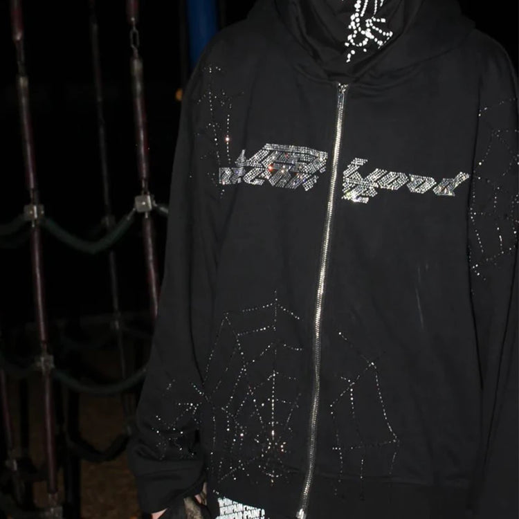 Zzsykd Rhinestone Full-Zip Hoodie Skeleton Goth Sweatshirt - Swefashionstore