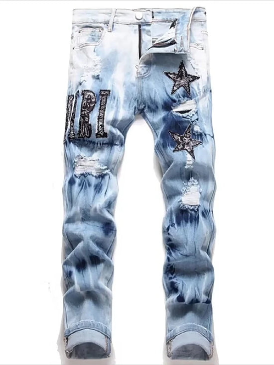 Y2K Star Embroidery BROKEN Hole STRETCH Streetwear Jeans - Swefashionstore