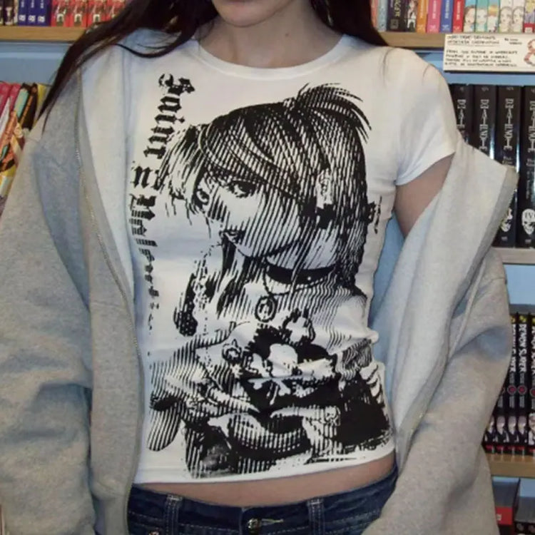 MOOYUFON Y2k ANIME Streetwear O-neck 90s Text Printing Tops - Swefashionstore
