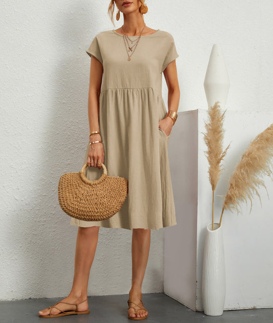 Summer Short-sleeved Dress With Pockets Fashion Solid Round Neck A-line Dresses For Women Clothing - Swefashionstore
