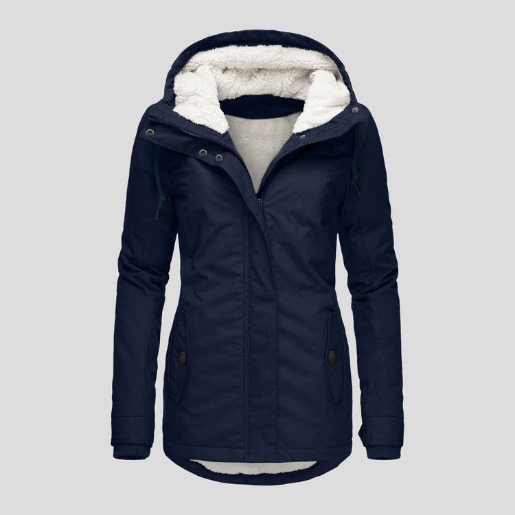 Winter Hooded Jacket for Women - Solid Color Fleece Zip-up with Pockets