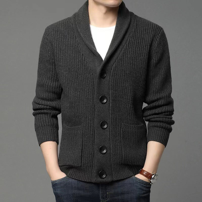Classic lapel cardigan casual sweater in dark gray.