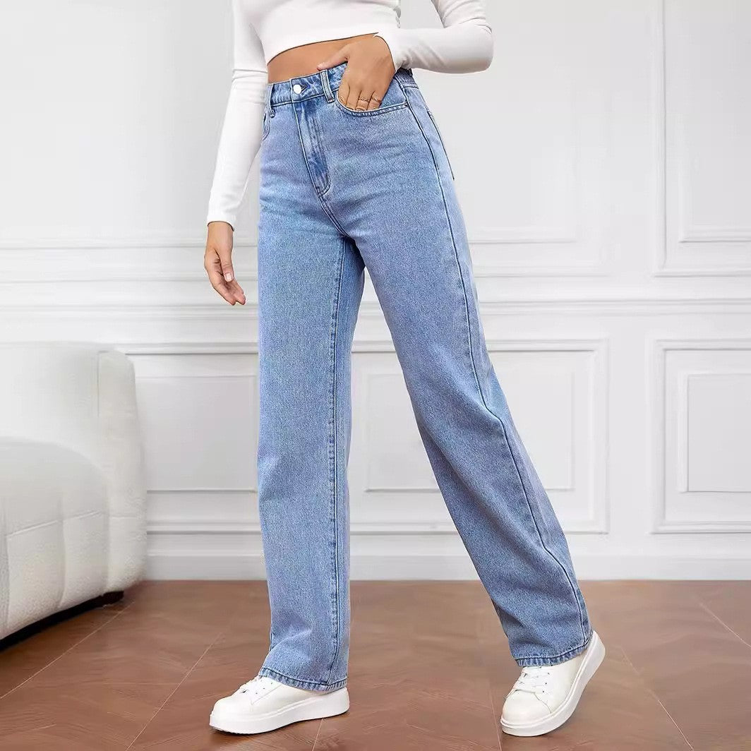 European And American Cross-border Amazon Hot-selling Stretch Washed Denim Fashion Straight Trousers Jeans Women&