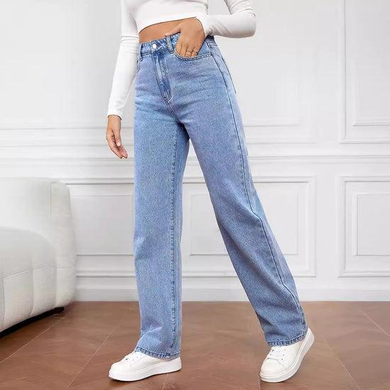 European And American Cross-border Amazon Hot-selling Stretch Washed Denim Fashion Straight Trousers Jeans Women&
