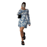 Printed Flare Sleeve Backless Mesh Dress - Swefashionstore