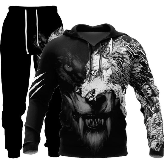 Newcomer Wolf Print Tracksuit Men Sportswear Hooded Sweatsuit - Swefashionstore