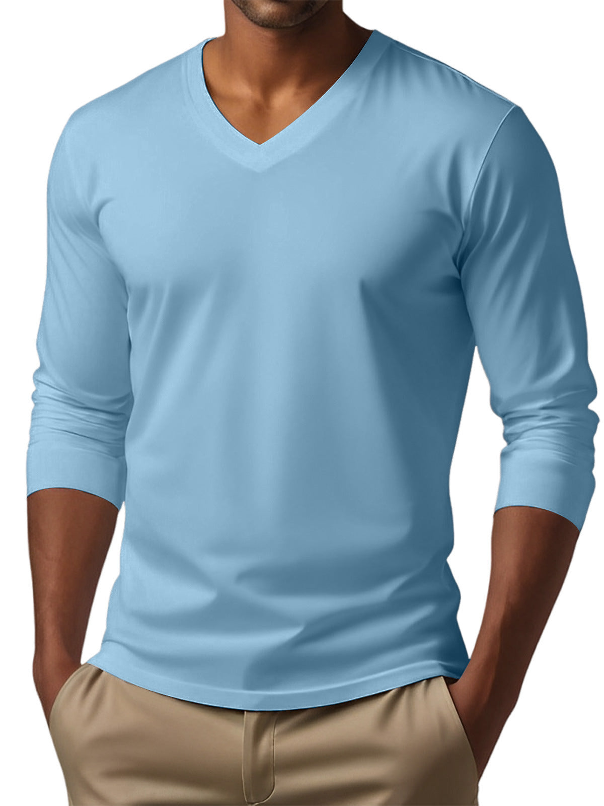Men's versatile long sleeve pullover in light blue polyester fabric.