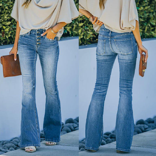 High Waist Bell Bottom Jeans Trendy Wear Ausgewaschene Streetstyle Damen Jeanshose