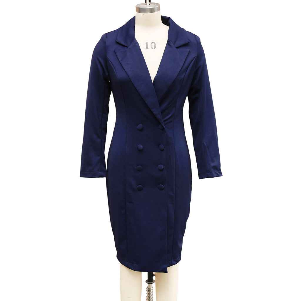 Double-breasted Blazer Dress Fashion Slim-fitting Hip-wrapped Lapel Long-sleeved Dresses Office Commuting Long Jacket Outwear For Women&