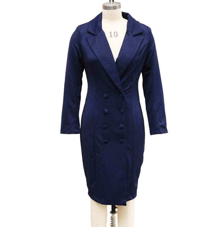 Double-breasted Blazer Dress Fashion Slim-fitting Hip-wrapped Lapel Long-sleeved Dresses Office Commuting Long Jacket Outwear For Women&