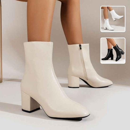 Chunky Heel Pointed Toe Boots with Side Zipper - Fashion Mid-Calf Boots for Women
