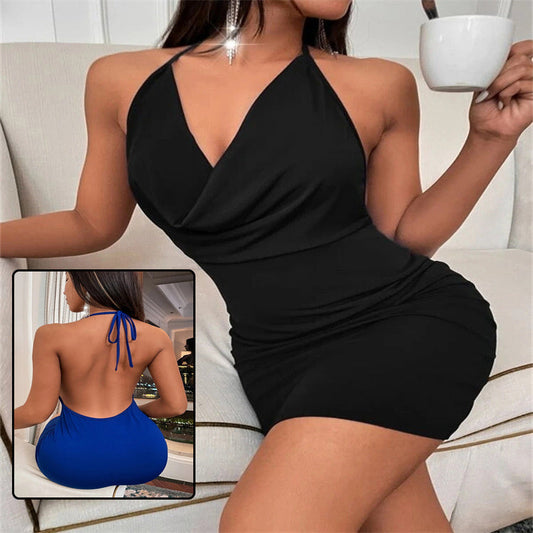 Elegant summer V-neck dress, sleeveless with high waist, unique design, in black color; backless style.