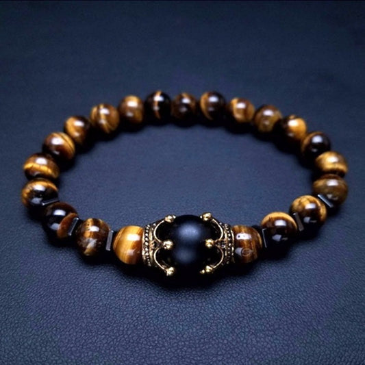 Modisches elastisches Armband mit Krone aus Tigerauge-Perlen