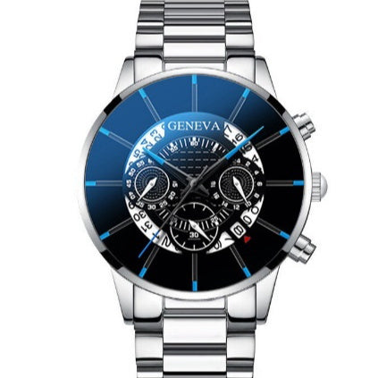 Silver and blue Calendar Steel Watch with casual design and quartz movement.