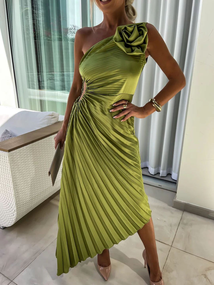 Ins Pleated One-shoulder With Big Rose Flower Fashionable Dress - Swefashionstore