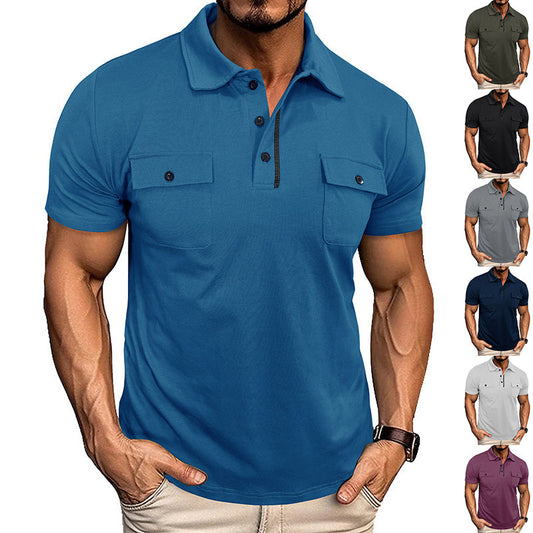 Polo shirt with pockets in blue, short sleeves, outdoor fashion.