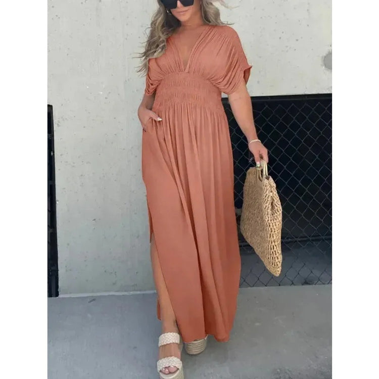 Fashion Bat-sleeved V-neck Slit Dress Summer Short Sleeve Elastic Waist Long Dresses Womens Clothing - Swefashionstore