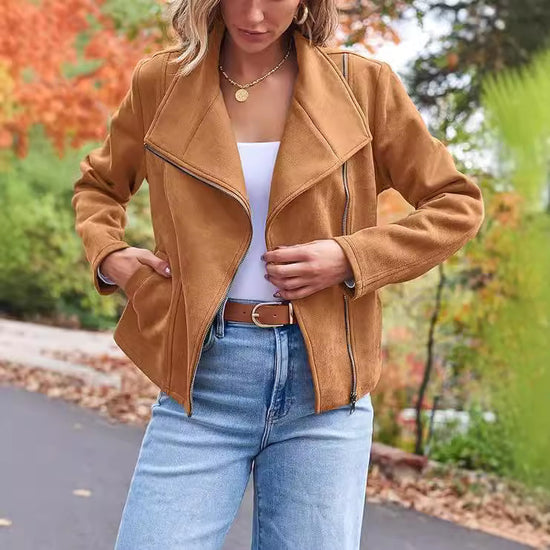 Fashion Casual Short Motorcycle Suede Jacket - Swefashionstore