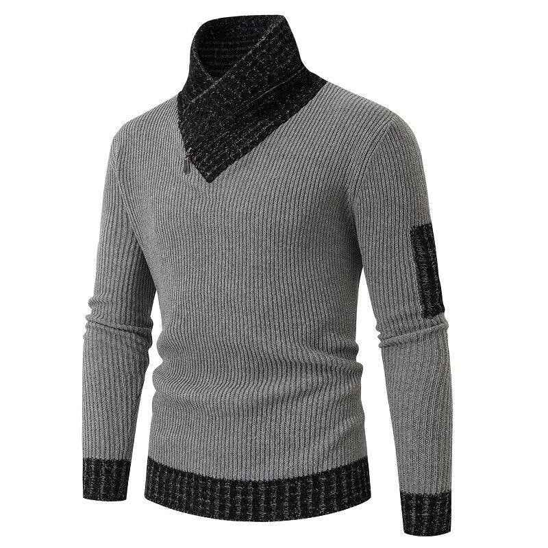 Independent Station Casual Slim Knit Pullover Sweater for Men with Scarf Collar Long Sleeves