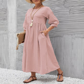 Summer Short-sleeved Dress With Pockets Fashion Solid Round Neck A-line Dresses For Women Clothing - Swefashionstore