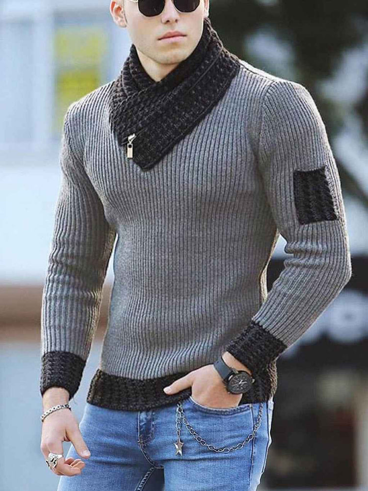Independent Station Casual Slim Knit Pullover Sweater for Men with Scarf Collar Long Sleeves