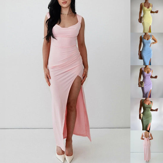 Slim Sleeveless Slit Dress With Back Tie Design - Swefashionstore