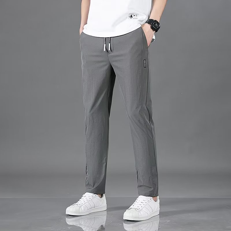 Men's plus size fashion straight pants in dark gray with drawstring waist.