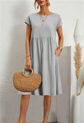 Summer Short-sleeved Dress With Pockets Fashion Solid Round Neck A-line Dresses For Women Clothing - Swefashionstore