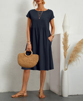Summer Short-sleeved Dress With Pockets Fashion Solid Round Neck A-line Dresses For Women Clothing - Swefashionstore