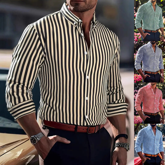 Ins Stripe Printed Long Sleeve Shirt Men Fashion Casual Lapel Button Top Clothing - Swefashionstore
