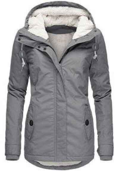 Winter Hooded Jacket for Women - Solid Color Fleece Zip-up with Pockets
