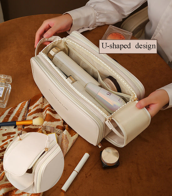 Three-layer Double Zipper U-shaped Design Cosmetic Bag Fashion High Capacity Make Up Bags Portable Pu Leather Storage Bag For Skin Care Products - Swefashionstore