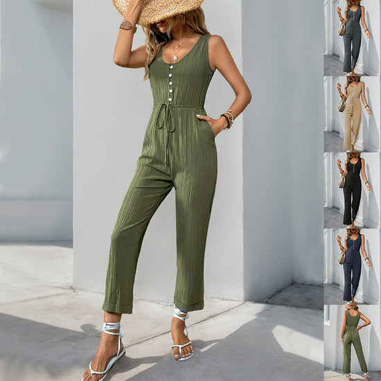 V-ringad ärmlös jumpsuit med bälte och fickor för kvinnors sommarstrandmode