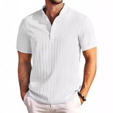 Summer Stand Collar Buttons Short Sleeve T-shirt Solid Color Stripe POLO Shirt Fashion Casual Beach Clothing For Men - Swefashionstore