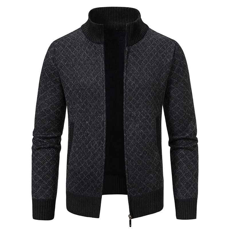 Thickened Plaid Print Cardigan Jacket for Men - Slim Fit Zipper Stand Collar Sweater for Winter Casual Wear