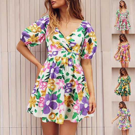 V-Neck Lantern-sleeve Dress