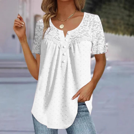 Europäische und amerikanische Damenbekleidung Spitze V-Ausschnitt Patchwork T-Shirt