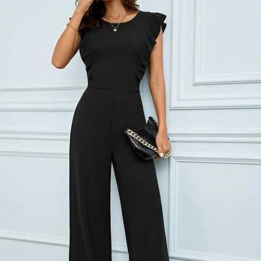 Damen Jumpsuit mit hoher Taille und weitem Bein und Rüschen