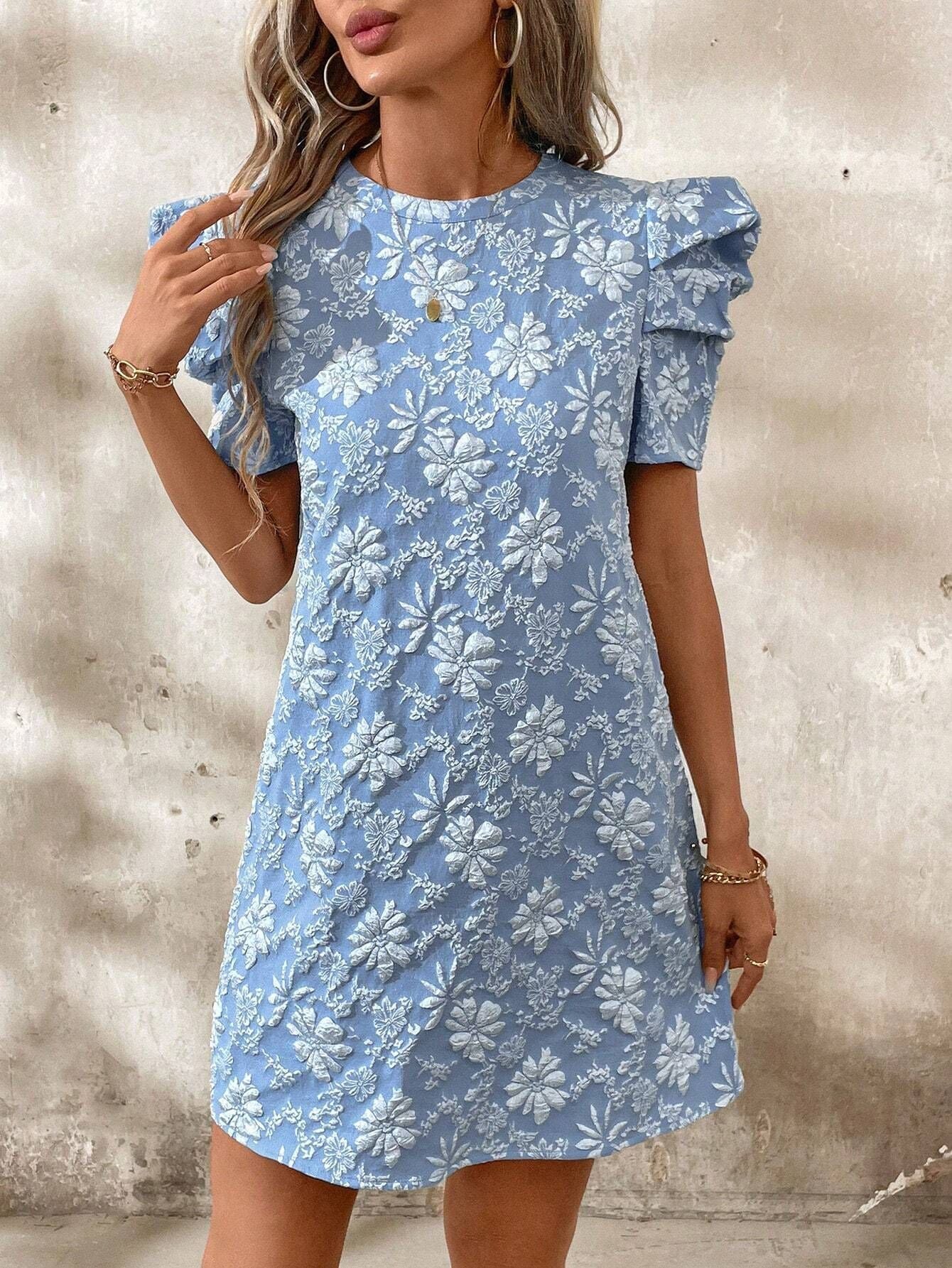 DAMEN RETRO Kleid mit Puffärmeln und Jacquard-Struktur, Rundhalsausschnitt