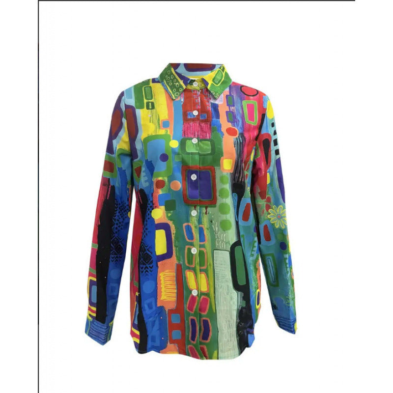 Fashion Casual Shirt Digital Printing Lapel Long Sleeve Shirt - Swefashionstore