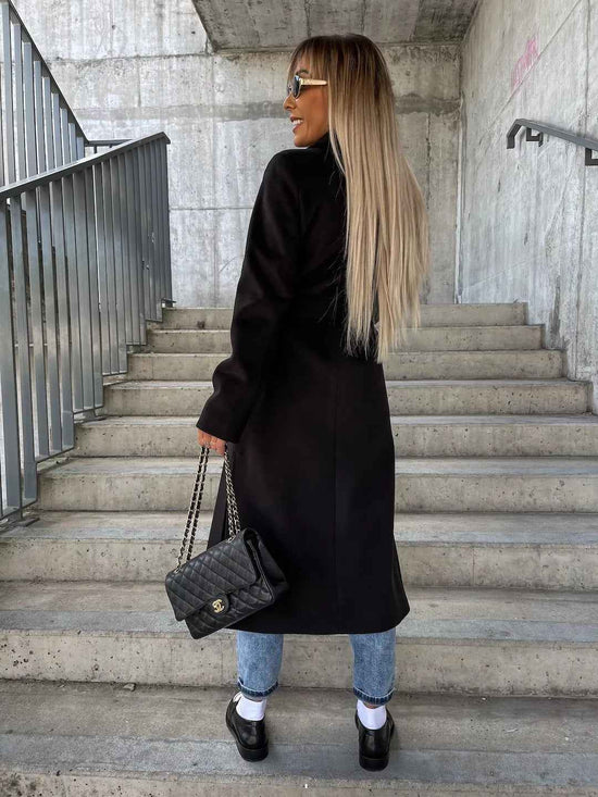 Double-breasted Winter Jacket With Belt - Casual Long Sleeve Button Coat for Women