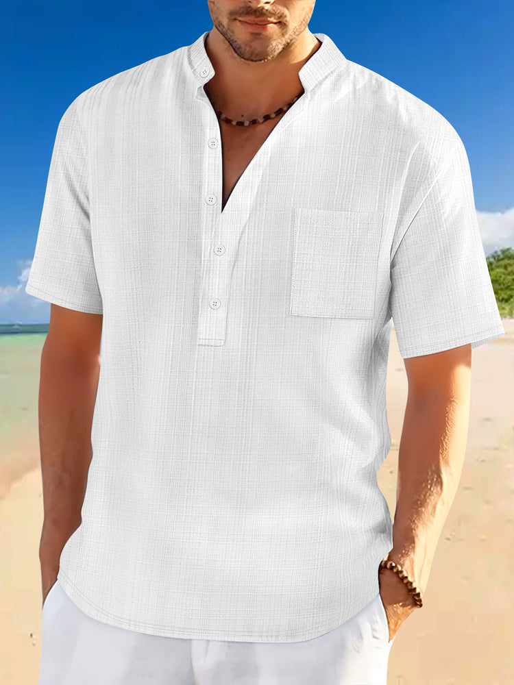Stand Collar Short Sleeve Henley Shirt - Swefashionstore